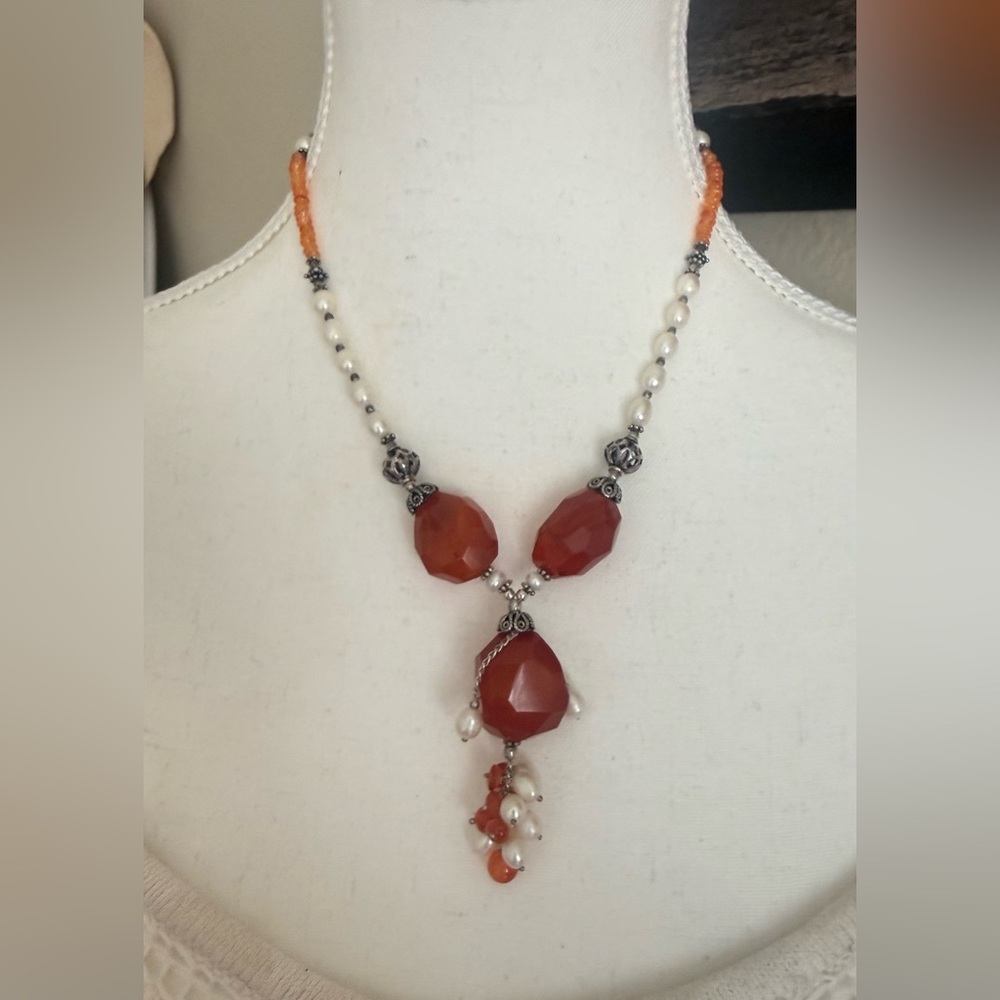 Chic Red Carnelian, silver and Pearl Necklace. Stunning on.